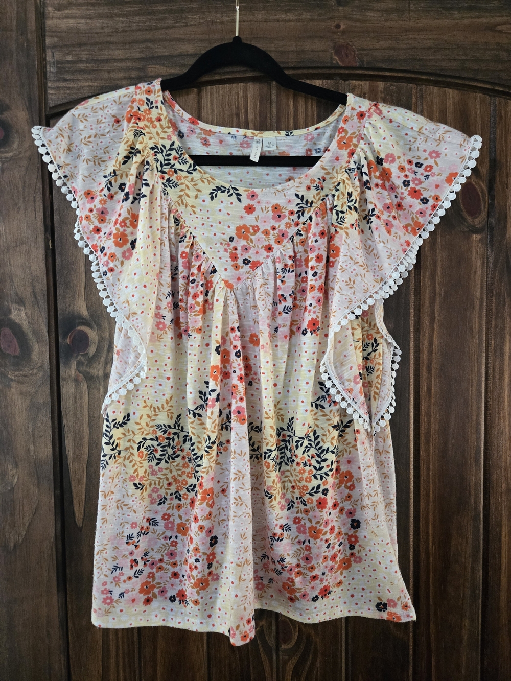 Cato Cream Floral Flutter-Sleeve Tunic with Coral and Navy Accents
